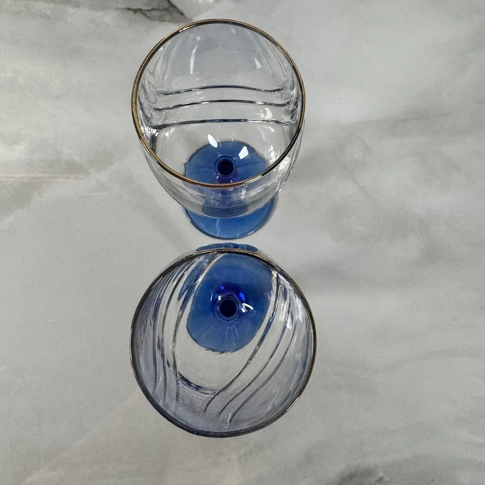 Lenox Swag Drape Cobalt Blue‎ Stem Wine Glass Goblet Set of 2 Gold Rim
